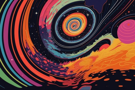 vintage psychedelic poster featuring a spiral galaxy in outer space, created with generative aiの素材