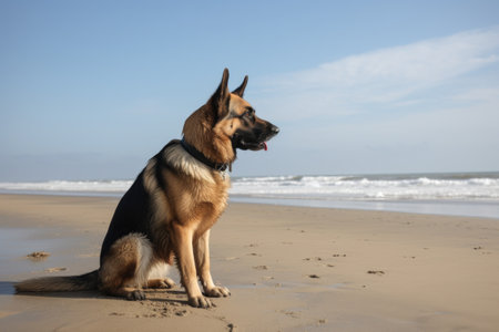 dog patrolling the beach, keeping watch for any potential dangers, created with generative aiの素材