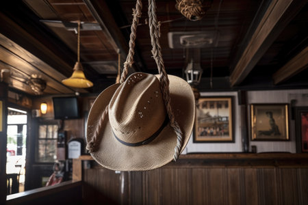 a cowboy hat with a rope attached, hanging from the ceiling of a saloon, created with generative aiの素材