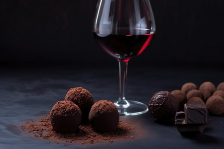 chocolate truffle with glass of rich red wine, created with generative aiの素材