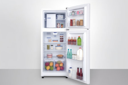 refrigerator with energy-efficient led lighting, frost-free freezer and digital controls, created with generative aiの素材