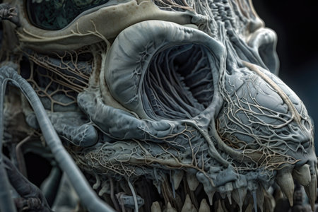 close-up of alien organism, with its complex and mysterious anatomy visible, created with generative aiの素材