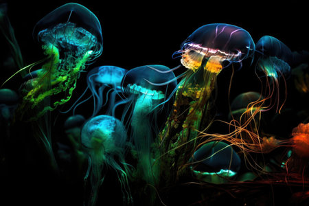 deep-sea creatures swimming and interacting with each other in vibrant display of bioluminescence, created with generative aiの素材
