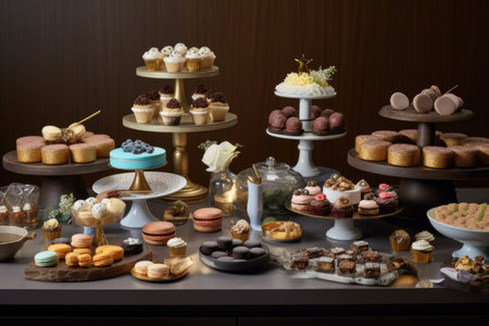 stylish and decadent dessert table with classic and gourmet cupcakes, mini pies, macarons, and pastries, created with generative aiの素材