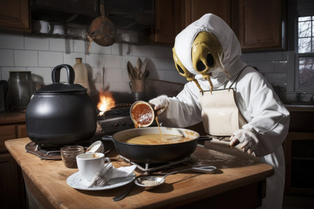 alien chef preparing a traditional earth breakfast of pancakes and maple syrup, created with generative aiの素材