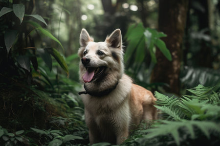 portrait of happy dog with its tongue hanging out, surrounded by lush green forest, created with generative aiの素材