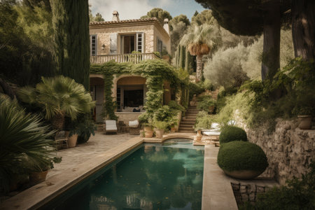 mediterrenian villa surrounded by pool and lush greenery, sunlight filtering through trees, created with generative aiの素材