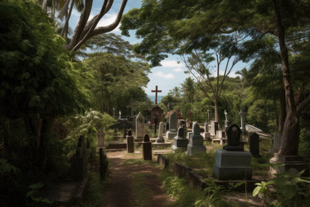 cemetery, with view of the natural world, such as a forest or beach, created with generative aiの素材
