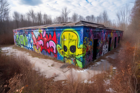 alien street artist spray-painting colorful mural on abandoned building, created with generative aiの素材