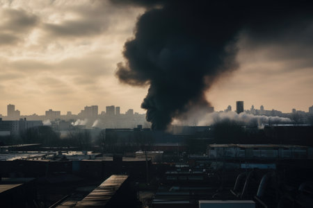 black smoke rising from factory chimney, with view of city skyline in the background, created with generative aiの素材