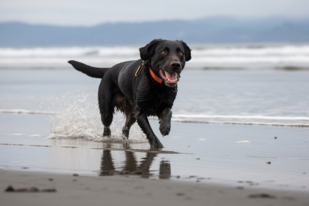 dog running along the beach, with its nose to the ground, on search and rescue mission, created with generative aiの素材