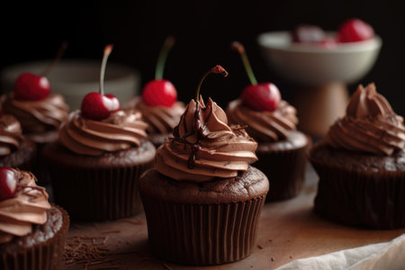 stack of individual chocolate cupcakes, each topped with swirl of frosting and cute cherry on top, created with generative aiの素材