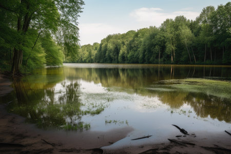 an idyllic lake surrounded by towering trees, but polluted water and mud on the lake floor, created with generative aiの素材