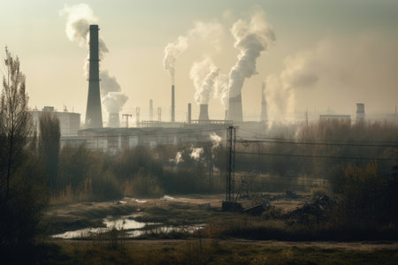 factory, with smoke and haze rising from its chimneys, contributing to air pollution, created with generative aiの素材