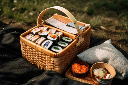 a picnic basket filled with sushis, rolls, and nigiri for a cultural fusion feast, created with generative aiの素材