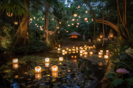 magic garden, with floating lanterns and delicate lanterns, surrounded by lush greenery, created with generative aiの素材
