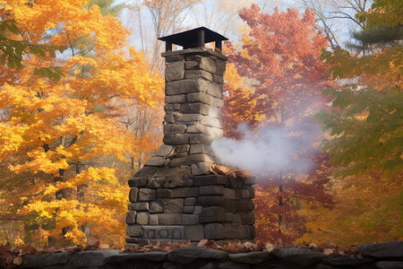 a stone chimney with smoke rising from a warm fire, surrounded by autumn foliage, created with generative aiの素材