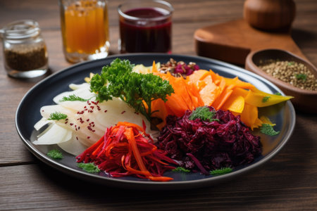 plate of fermented vegetables with variety of herbs and spices, created with generative aiの素材