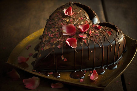 heart-shaped chocolate cake with a drizzle of white or dark chocolate and fresh rose petals, created with generative aiの素材