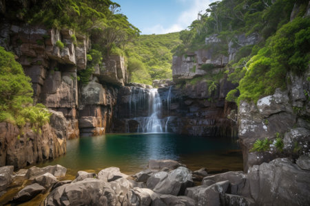 majestic waterfall cascading down the cliffs into a clear pool, created with generative aiの素材