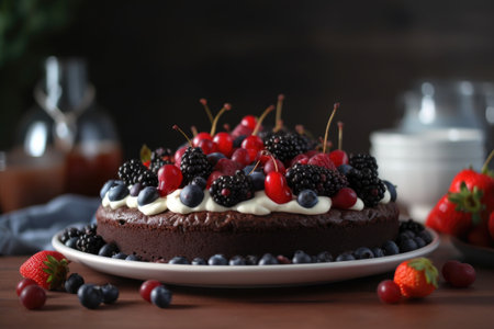 sweet and simple chocolate cake, decorated with fresh berries and cream, created with generative aiの素材
