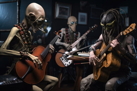 alien musician playing guitar, with others performing on various instruments, created with generative aiの素材