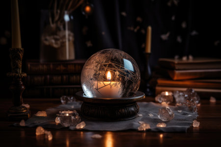 magic crystal ball surrounded by burning candle and incense, creating mystic atmosphere, created with generative aiの素材