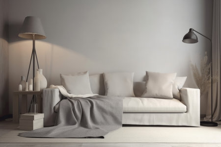 minimalist living room with a comfortable sofa, cozy blanket and stylish lamp, created with generative aiの素材