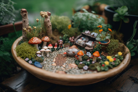 fairy garden with miniature plants, mushrooms, and insects, created with generative aiの素材