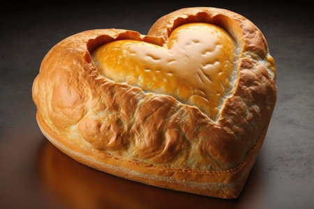 heart-shaped bread loaf with a golden crust and melted cheese filling, created with generative aiの素材