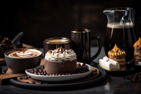 coffee break with warm latte and delicious chocolate dessert, created with generative aiの素材