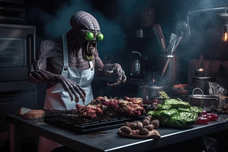 alien chef, preparing feast of grilled steaks and juicy burgers, created with generative aiの素材