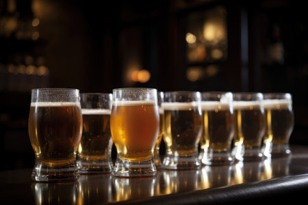 glasses of draught beer in a row, with foaming and carbonation visible, created with generative aiの素材