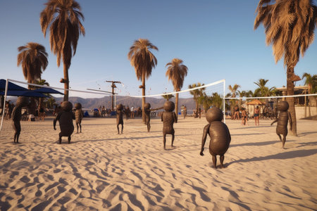 group of aliens playing volleyball on the beach, with palm trees in the background, created with generative aiの素材