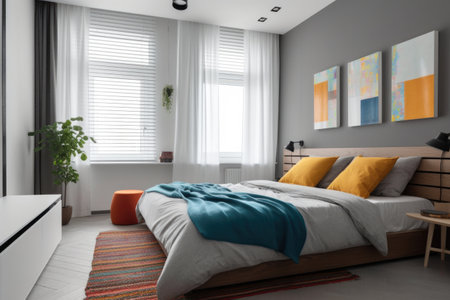 neat and tidy bedroom with minimalist decor and colorful accents, created with generative aiの素材