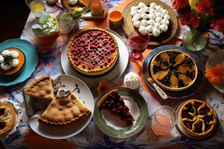 table setting with a variety of holiday pastries, pies, and cakes, created with generative aiの素材
