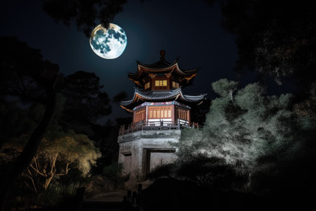 peaceful scene of moonlight shining on the walls of a chinese pagoda, created with generative aiの素材