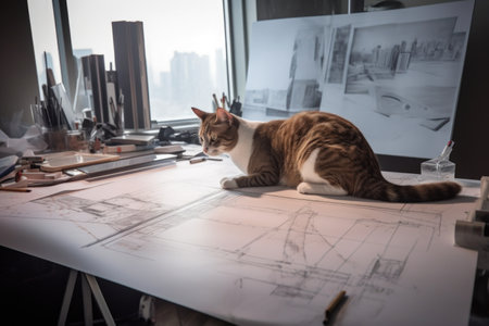 cat sits at drafting table, sketching out the design for futuristic skyscraper, created with generative aiの素材