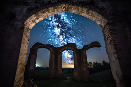ancient ruins, with view of the night sky and stars, showing the passage of time, created with generative aiの素材