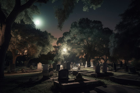 a cemetery at night, with a full moon shining above, created with generative aiの素材
