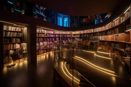 a library, with creative lighting illuminating the bookshelves, created with generative aiの素材