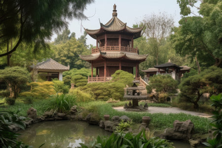 peaceful garden, with view of the towering china pagoda in the distance, created with generative aiの素材
