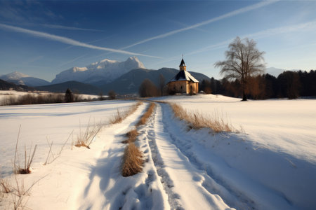winter scene with snow-covered chapel and mountains in the background, created with generative aiの素材