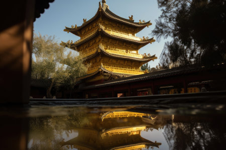 reflection of the shining sun on the gold roof of china pagoda, created with generative aiの素材