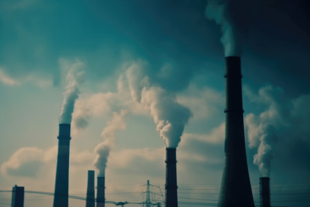 blurry shot of factory smokestacks, with pollution visible against the sky, created with generative aiの素材
