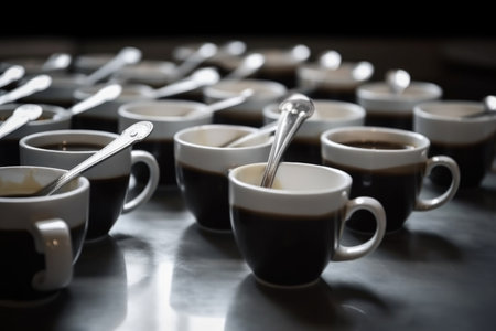 ritualistic routine of coffee break, with close-up on different cups and spoons, created with generative aiの素材
