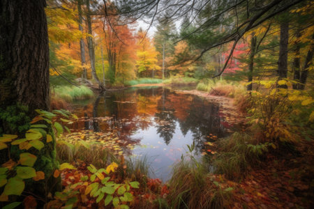 autumn forest hike with colorful foliage and peaceful pond, created with generative aiの素材