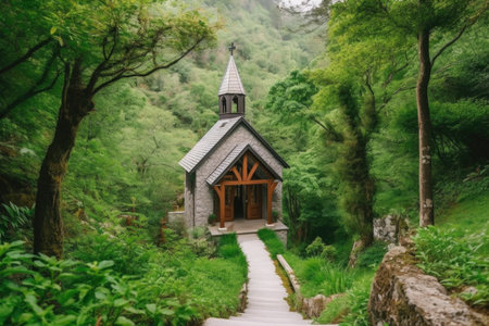 peaceful chapel surrounded by lush greenery in the mountains, created with generative aiの素材
