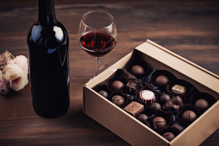 box of chocolates and bottle of red wine on table, created with generative aiの素材