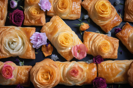 floral pattern on flaky puff pastries and turnovers, created with generative aiの素材